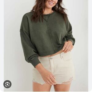 Aerie Beach Party Olive Green Cropped Crewneck Sweatshirt Size XL
